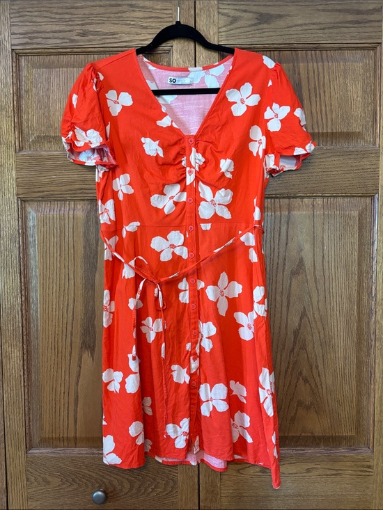 SO Dresses & Skirts - SO Orange Floral Button-Front Tie-Waist Dress
